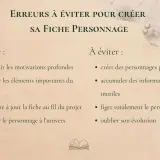 Conseils pour créer des fiches personnages : à faire et à éviter. Définir motivations, noter éléments importants, mettre à jour, relier à l'univers. Éviter personnages parfaits, infos inutiles, figer le personnage, oublier son évolution.