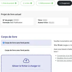 Interface pour le dépôt gratuit de votre livre. Téléchargez votre fichier pour la mise en page.