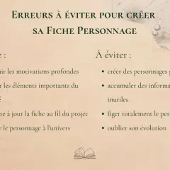 Conseils pour créer des fiches personnages : à faire et à éviter. Définir motivations, noter éléments importants, mettre à jour, relier à l'univers. Éviter personnages parfaits, infos inutiles, figer le personnage, oublier son évolution.