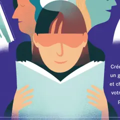 Des visages stylisés lisent des livres, certains tenant des ouvrages comme s'ils étaient des prix littéraires.