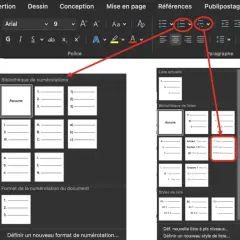 Interface Word montrant la **mise en page automatique** avec des options de listes à puces et numérotées.