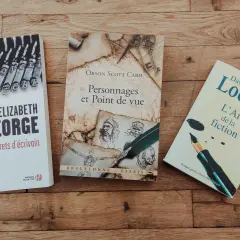 Trois livres sur l'art d'écrire : "Mes secrets d'écrivain" d'Elizabeth George, "Personnages et Point de vue" d'Orson Scott Card, et "L'Art de la fiction" de David Lodge.