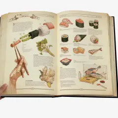 Présentation d'un livre sur les sushis, avec des illustrations détaillées des différents types de sushis, du wasabi, du gingembre et du riz.