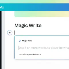 Interface Canva avec l'outil "Magic Write". Quand je suis à court d'idée, je l'utilise pour générer du texte.