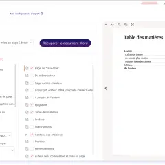 Interface d'une maison d'édition poésie pour exporter un projet en Word. Table des matières visible.
