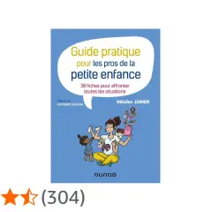 Couverture du livre "Guide pratique pour les pros de la petite enfance" par Héloïse Junier, une auteur jeunesse spécialisée dans la petite enfance. Illustration d'une éducatrice entourée d'enfants.