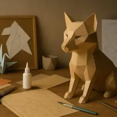 Un renard en papier, prêt à être assemblé, repose sur un bureau avec des ciseaux, de la colle et des patrons. Un origami de grue et un dessin géométrique complètent la scène, comme un projet en format poche.