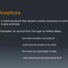 Anaphore, un procédé rhétorique pour un effet produit par la répétition. Extrait du poème "The Tyger" de William Blake.