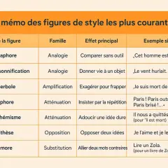 Tableau des figures de style : l'antithèse oppose deux idées, comme dans "Je l'aime et je le hais.