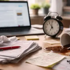 Bureau en désordre : café renversé, papiers annotés, réveil et ordinateur portable. Le travail acharné, sans erreur ou sans erreurs, peut parfois mener à des imprévus.