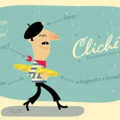Un homme porte un béret, une marinière, un foulard rouge et une baguette, une figure de style de la mode française.