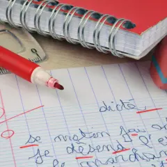 Un cahier, un stylo rouge et une gomme. La correction d'une dictée, une amplification de la figure de style "l'erreur", est en cours.