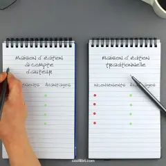 Deux carnets comparant les avantages et inconvénients d'une maison d'édition à compte d'auteur et traditionnelle.