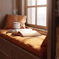 Un coin lecture douillet avec une tasse fumante et des livres ouverts, parfait pour découvrir les meilleurs livres fantasy adulte.