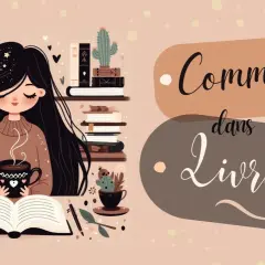 Une jeune femme aux longs cheveux noirs savoure une boisson chaude en lisant un livre ouvert, entourée de plantes et de livres. Un moment de lecture feel good.