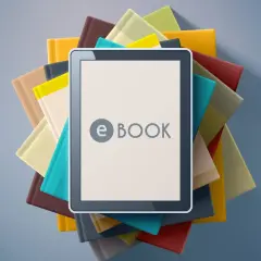 Une tablette affiche "e BOOK" au milieu d'une pile de livres colorés.