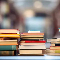 Des piles de livres colorés, formant une chaîne du livre, sur un fond flou de bibliothèque.