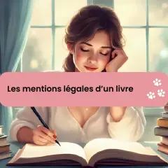 Jeune femme écrivant dans un livre ouvert, entourée de livres. Le texte "Les mentions légales d'un livre" apparaît sur un bandeau rose.