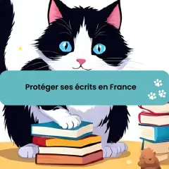 Un chat noir et blanc est assis sur des livres, avec le texte "Protéger ses écrits en France". Aide à choisir quelle maison d'édition choisir.