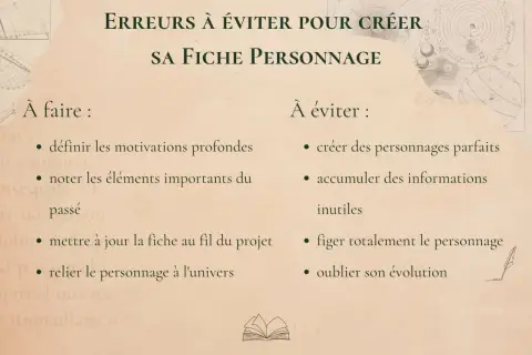 Conseils pour créer des fiches personnages : à faire et à éviter. Définir motivations, noter éléments importants, mettre à jour, relier à l'univers. Éviter personnages parfaits, infos inutiles, figer le personnage, oublier son évolution.