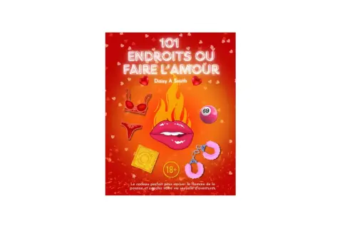 Titre livre amour : "101 Endroits où Faire l'Amour" par Daisy A Smith. Couverture suggestive avec lingerie, préservatif, menottes et lèvres.