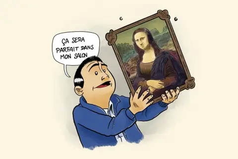 Un homme tient la Joconde, pensant : « Ça sera parfait dans mon salon ». Il ignore comment obtenir les droits d'auteur pour cette œuvre célèbre.
