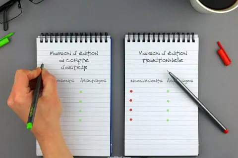 Deux carnets comparant les avantages et inconvénients d'une maison d'édition à compte d'auteur et traditionnelle.