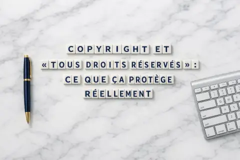Des lettres forment "Copyright et « Tous droits réservés » : ce que ça protège réellement". Idéal pour une nouvelle maison d'édition.