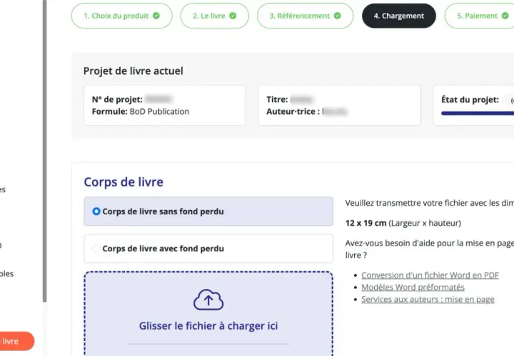 Interface pour le dépôt gratuit de votre livre. Téléchargez votre fichier pour la mise en page.