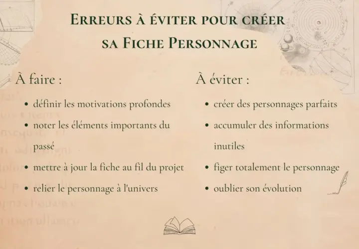 Conseils pour créer des fiches personnages : à faire et à éviter. Définir motivations, noter éléments importants, mettre à jour, relier à l'univers. Éviter personnages parfaits, infos inutiles, figer le personnage, oublier son évolution.