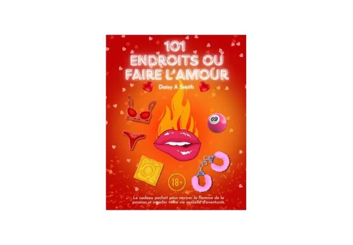 Titre livre amour : "101 Endroits où Faire l'Amour" par Daisy A Smith. Couverture suggestive avec lingerie, préservatif, menottes et lèvres.