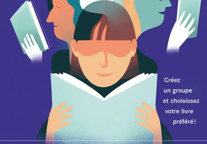 Des visages stylisés lisent des livres, certains tenant des ouvrages comme s'ils étaient des prix littéraires.