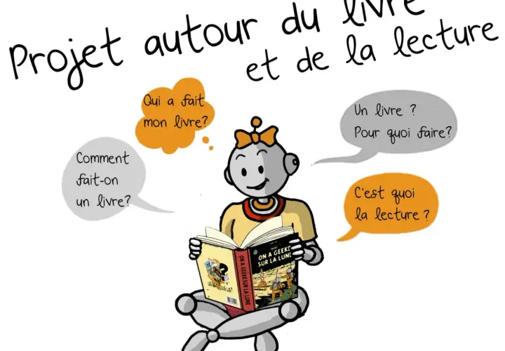 Un robot illustrateur de livre pose des questions sur la création et la lecture.