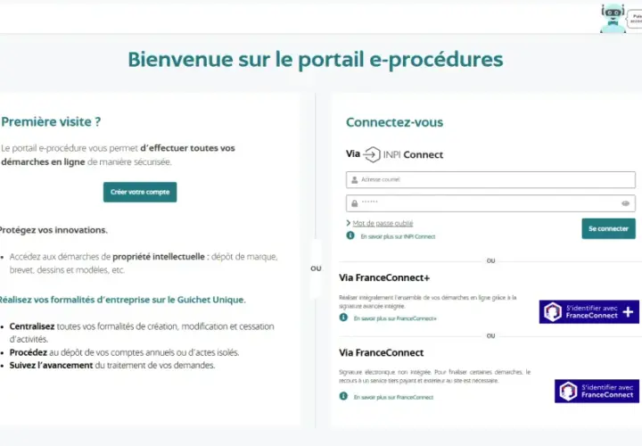 Bienvenue sur le portail e-procédures. Créez votre compte ou connectez-vous via INPI Connect ou FranceConnect pour vos démarches, comme celles d'une maison d'édition compte d'éditeur.