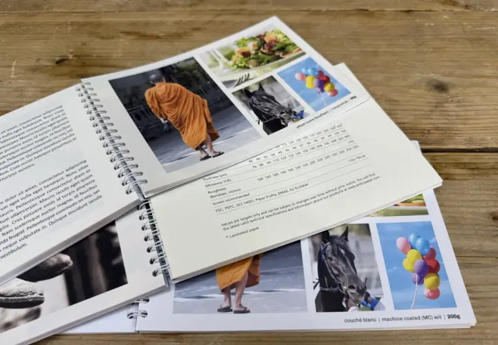 Livre broché : moine en orange, cheval noir, ballons colorés. Spécifications techniques du papier, dont le grammage 200g.