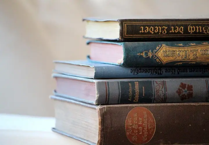 Pile de vieux livres reliés, certains en allemand, évoquant le droit d'auteur livre et le savoir ancien.