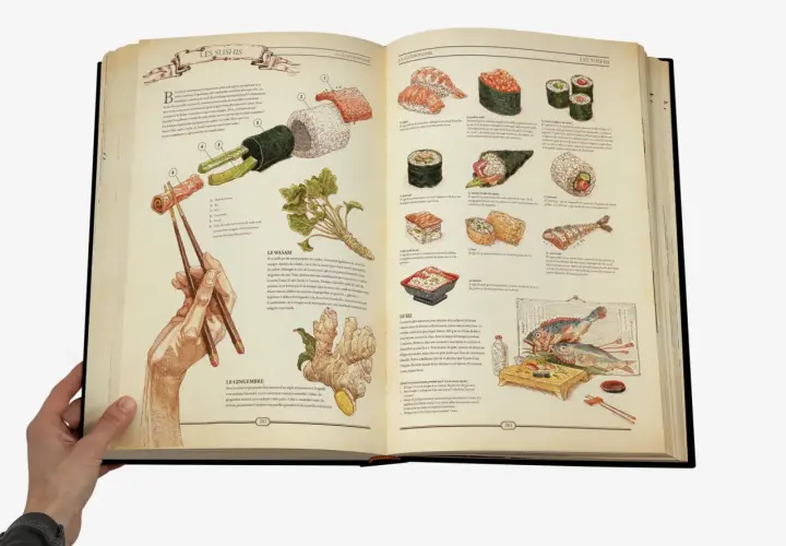 Présentation d'un livre sur les sushis, avec des illustrations détaillées des différents types de sushis, du wasabi, du gingembre et du riz.