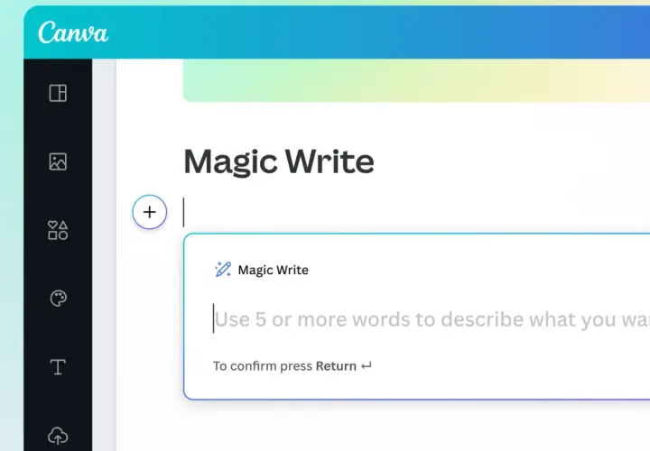 Interface Canva avec l'outil "Magic Write". Quand je suis à court d'idée, je l'utilise pour générer du texte.