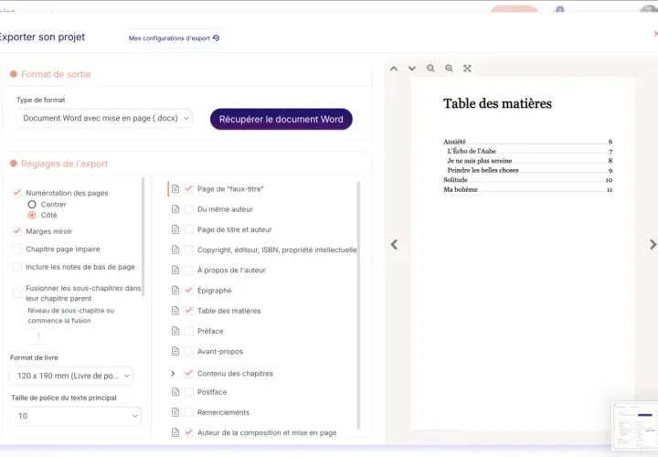 Interface d'une maison d'édition poésie pour exporter un projet en Word. Table des matières visible.