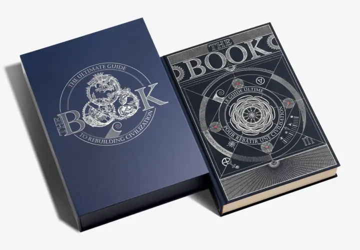 Un coffret bleu marine contient un livre à la couverture sombre ornée de motifs complexes et de textes, dont "THE BOOK" et "LE GUIDE ULTIME POUR REBATIR UNE CIVILISATION". Une page de fin intrigante.