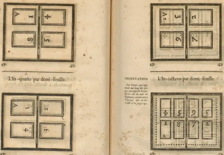 Diagrammes montrant comment plier des feuilles pour imprimer en In-quarto et In-octavo.