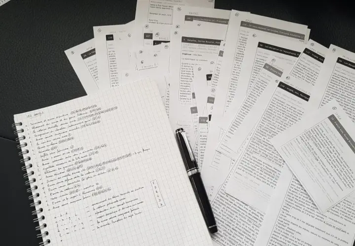 Un cahier de notes avec une liste de mots-clés et des articles de journaux sur le thème des armes. Le synopsis définit le sujet.