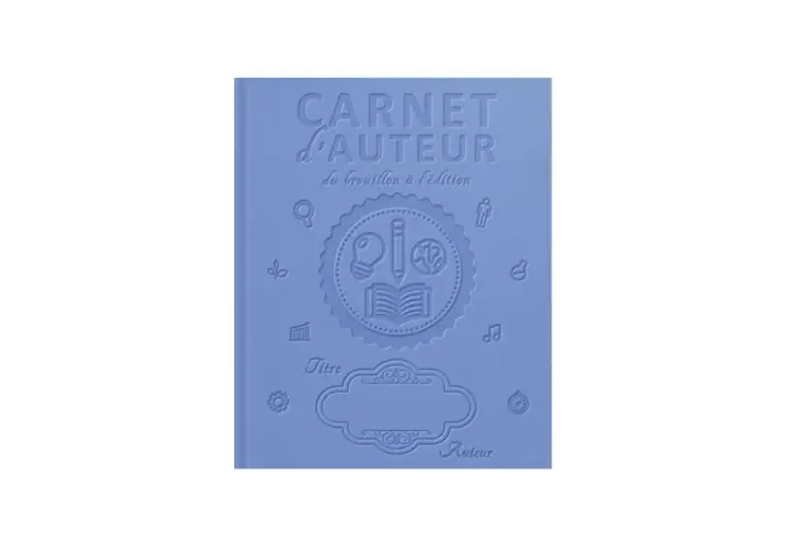 Carnet d'auteur bleu ciel, idéal pour le scrineo manuscrit. Il présente des icônes créatives et un espace pour le titre et le nom de l'auteur.