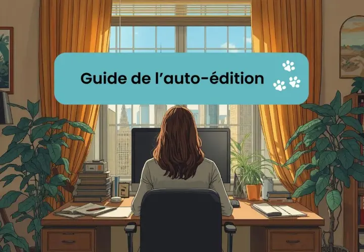 Une personne travaille sur son ordinateur, un guide de l'auto-édition est affiché. C'est quoi l'édition d'un livre ?
