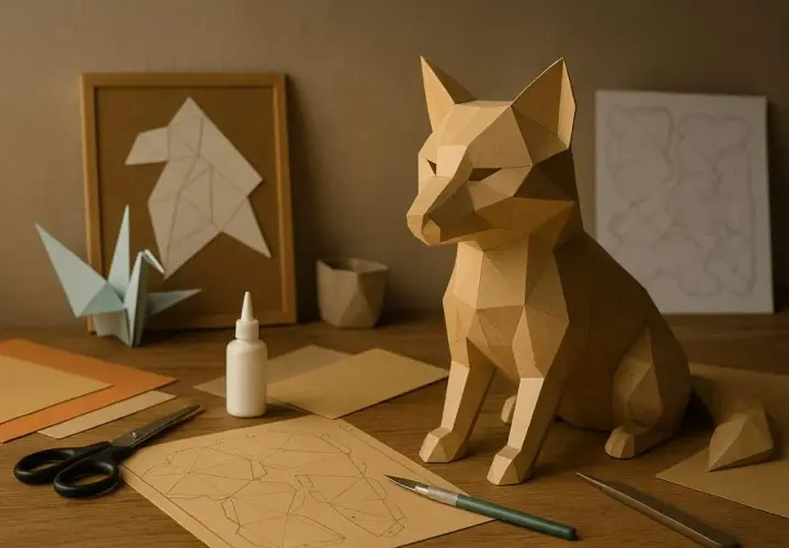 Un renard en papier, prêt à être assemblé, repose sur un bureau avec des ciseaux, de la colle et des patrons. Un origami de grue et un dessin géométrique complètent la scène, comme un projet en format poche.