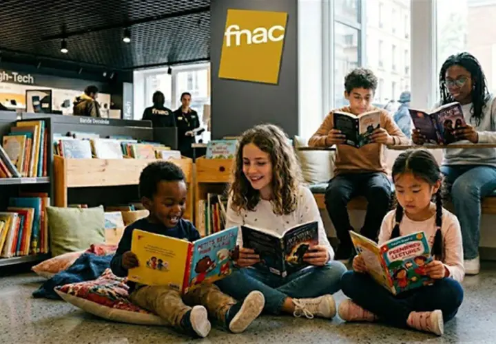 Des enfants plongent dans des albums jeunesse incontournables, un moment de lecture paisible dans un magasin Fnac.
