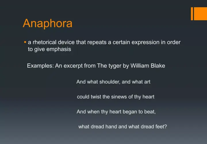 Anaphore, un procédé rhétorique pour un effet produit par la répétition. Extrait du poème "The Tyger" de William Blake.