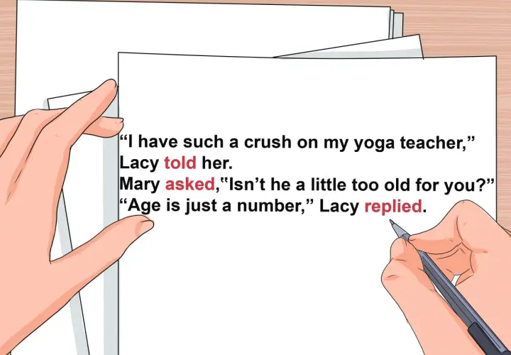Exemple de dialogue avec ponctuation correcte. Lacy avoue son béguin pour son professeur de yoga, Mary s'interroge sur l'âge.