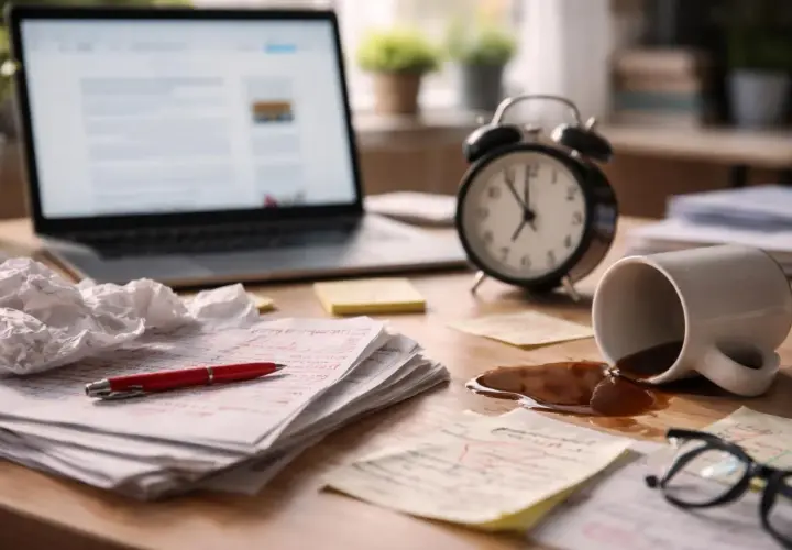 Bureau en désordre : café renversé, papiers annotés, réveil et ordinateur portable. Le travail acharné, sans erreur ou sans erreurs, peut parfois mener à des imprévus.