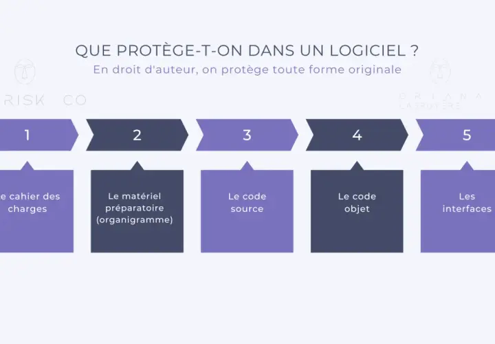 Schéma expliquant ce qui est protégé dans un logiciel : cahier des charges, matériel préparatoire, code source, code objet, interfaces. Une illustration pour une société d'édition.